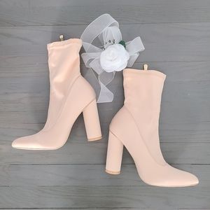 Cape Robbin Satin Mid-Calf Pointy Toe Circular Chunky Heel Booties